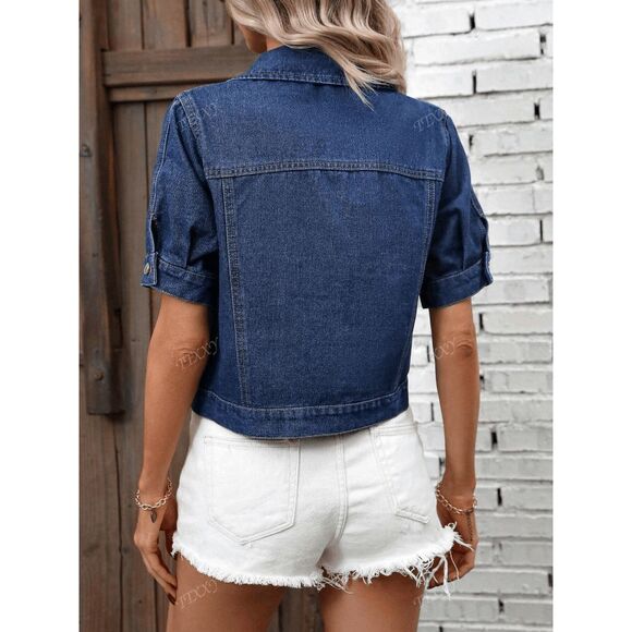 Boho Western Single-Breasted Short Sleeve Fitted Denim Jacket - Picture 6 of 6